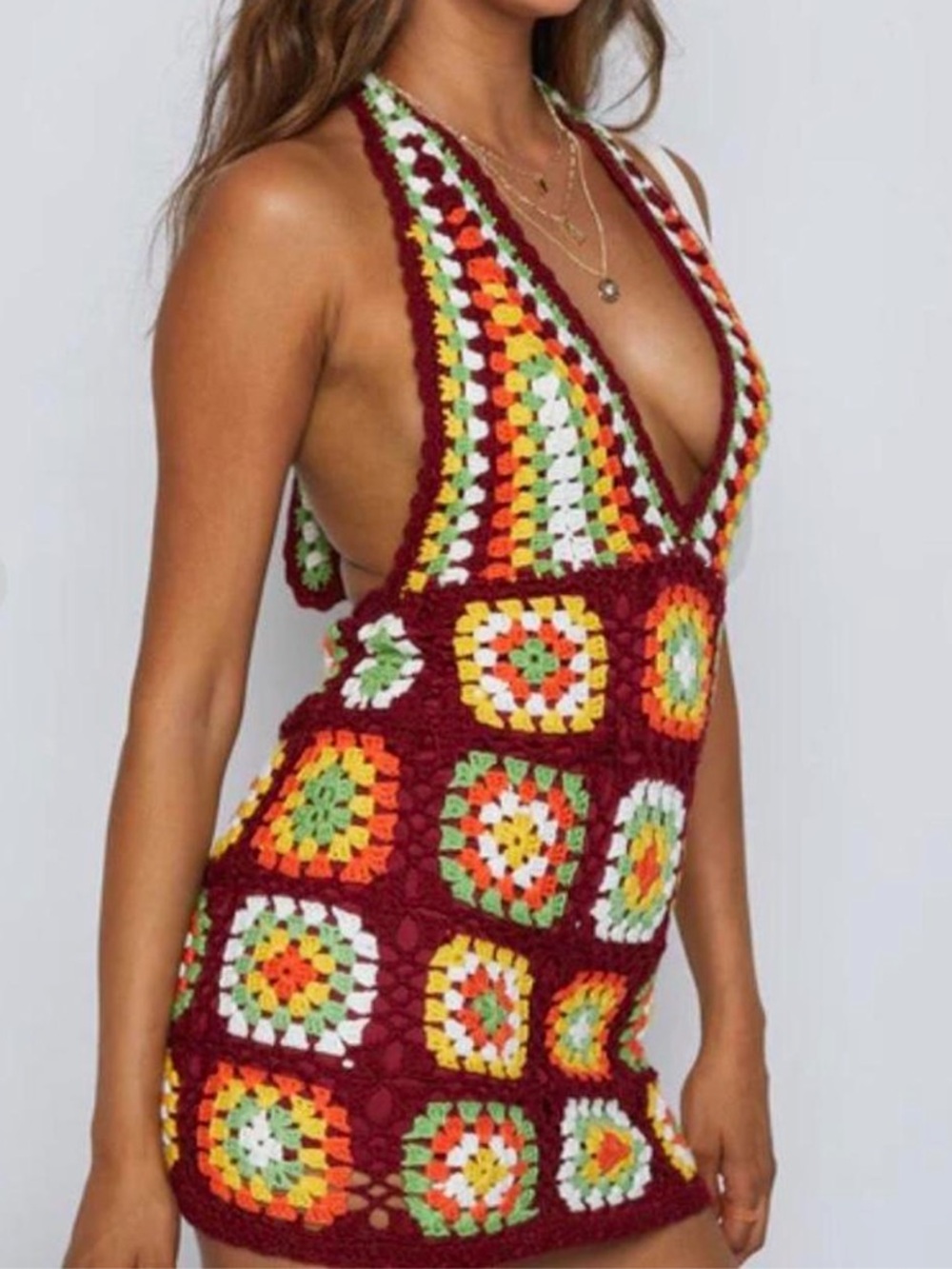 Handmade Crochet Mini Dress in Burgundy with Multicolor Squares